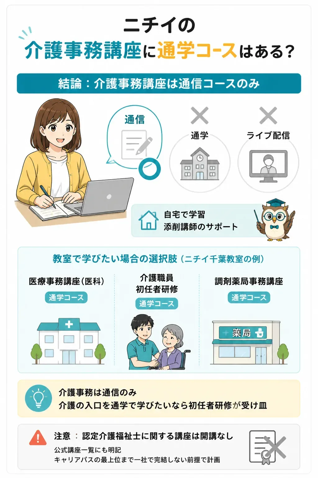 ニチイの講座別に通信・通学・ライブ配信の対応可否を示す早見表