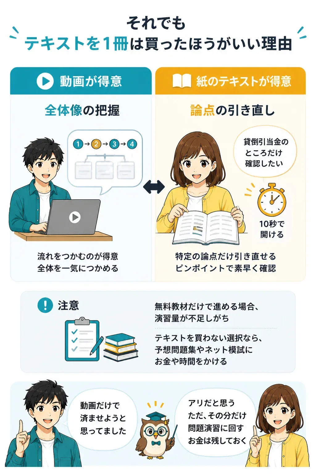 講義動画と紙のテキストの役割分担を示す図