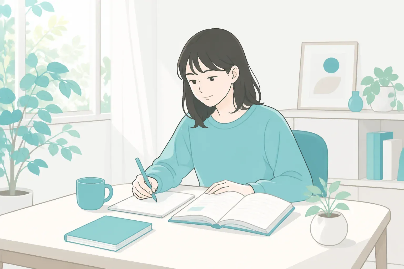 自宅で通信講座のテキストを開いて学習する様子
