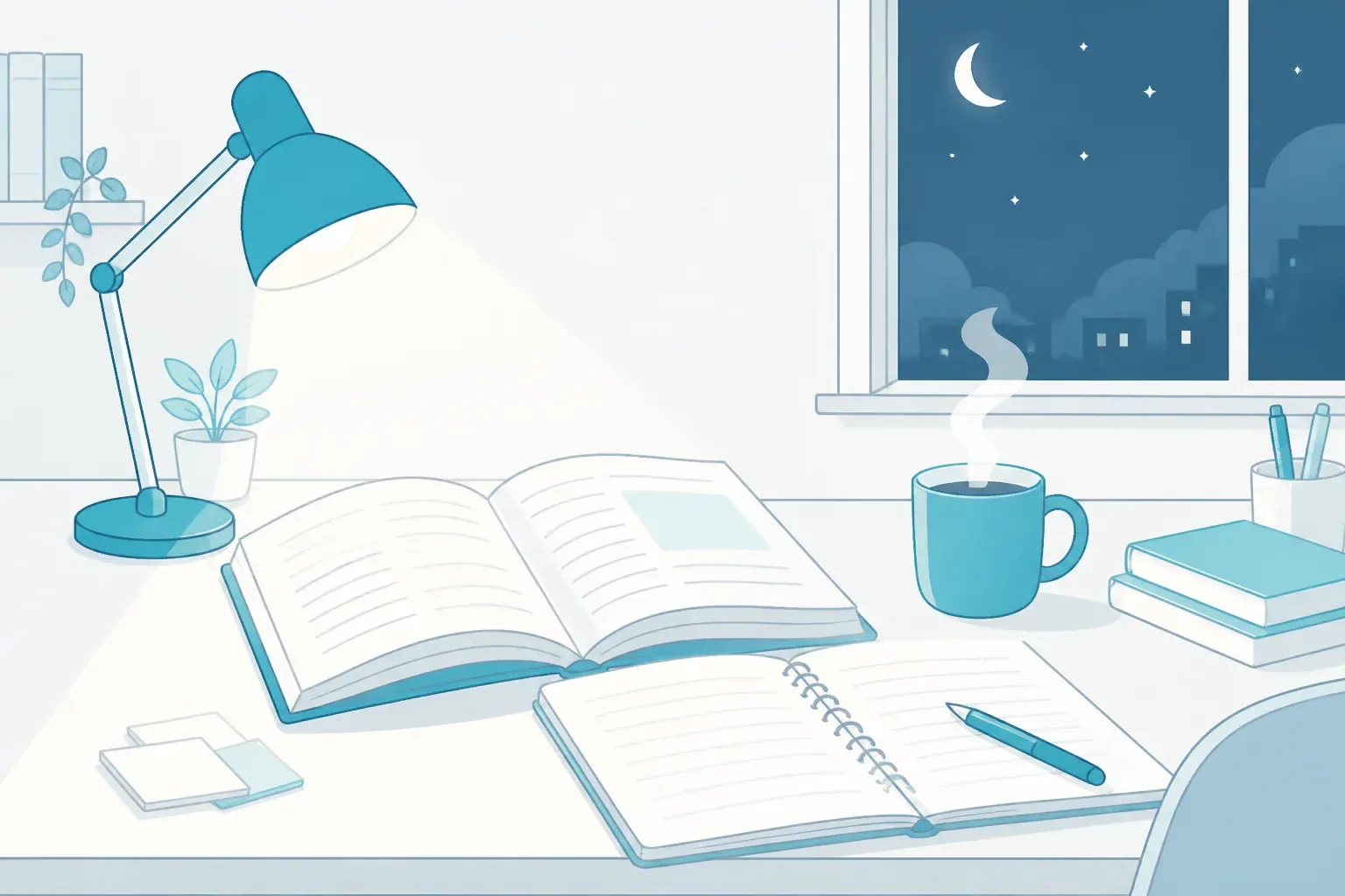 夜に一人で勉強を進めるイメージ