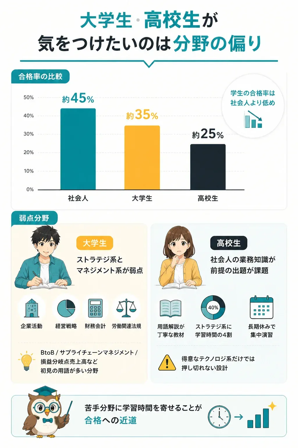 属性別の合格率と弱点分野を比較した図