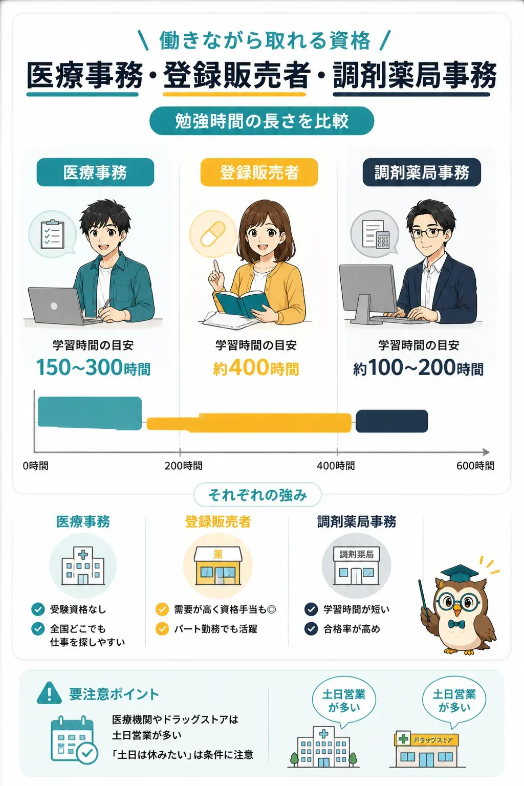 医療事務・登録販売者・調剤薬局事務の勉強時間を比較した図解