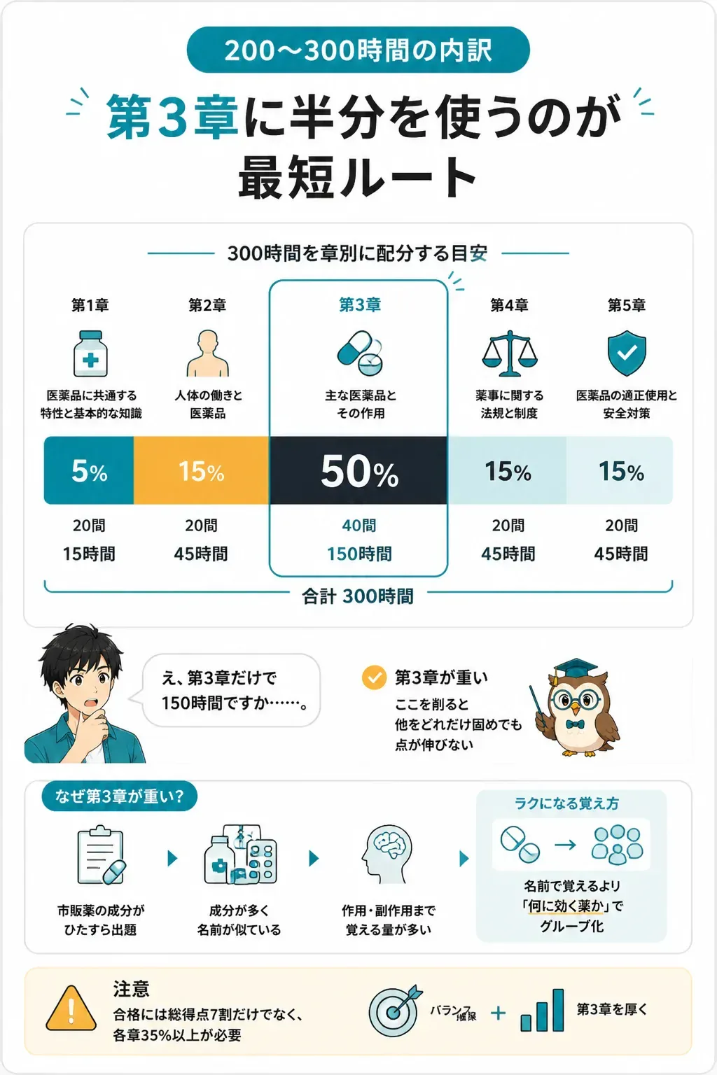 登録販売者試験の章別の学習時間配分を示す図解