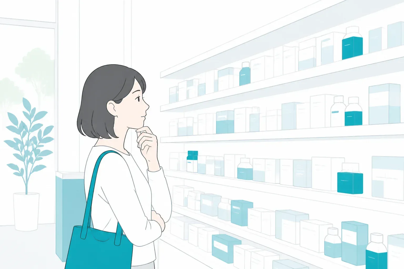 市販薬の棚と学習の雰囲気を表すイメージ画像