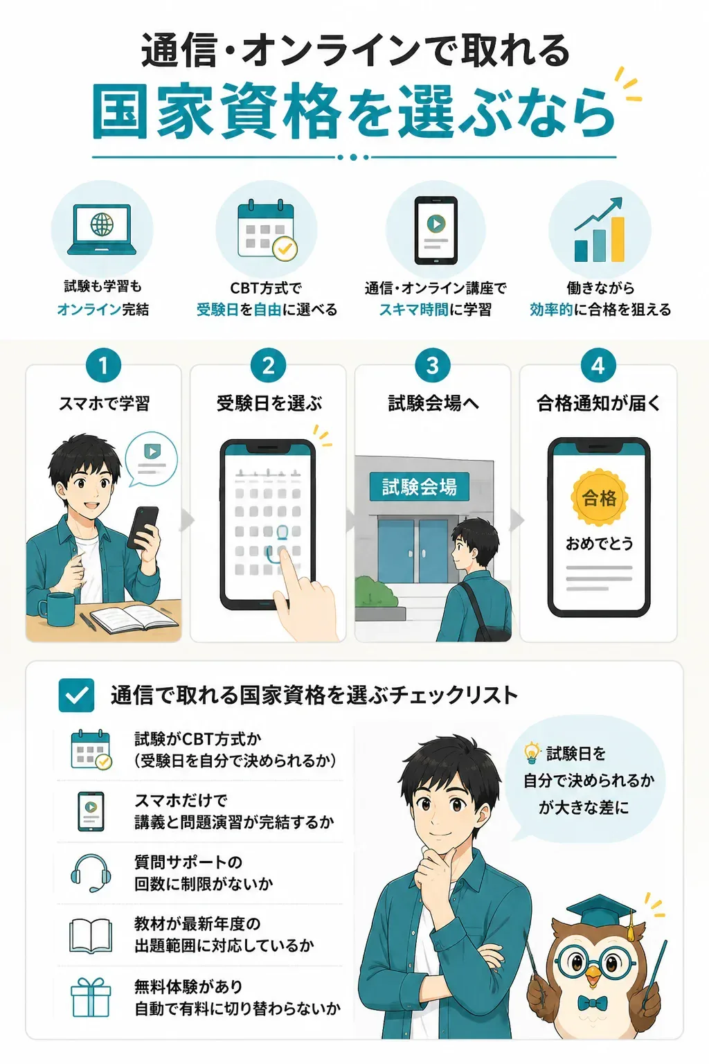 オンライン学習からCBT方式の受験までの流れを示す図解