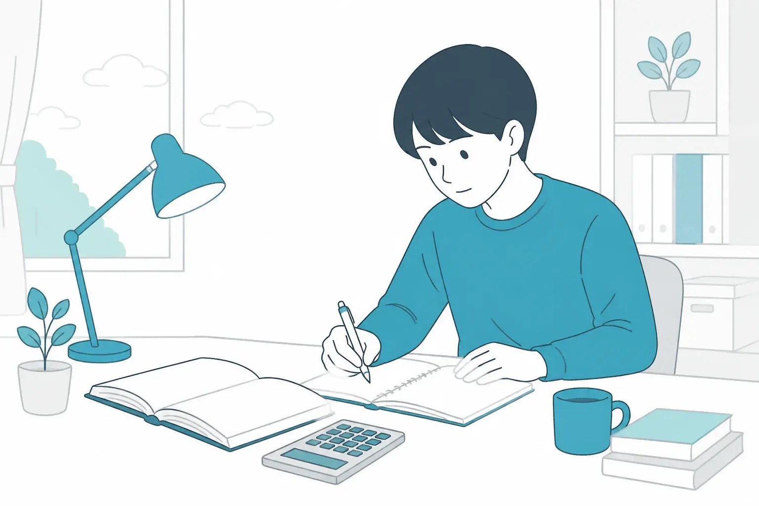 簿記の学習に取り組む静かな机まわりのイメージ